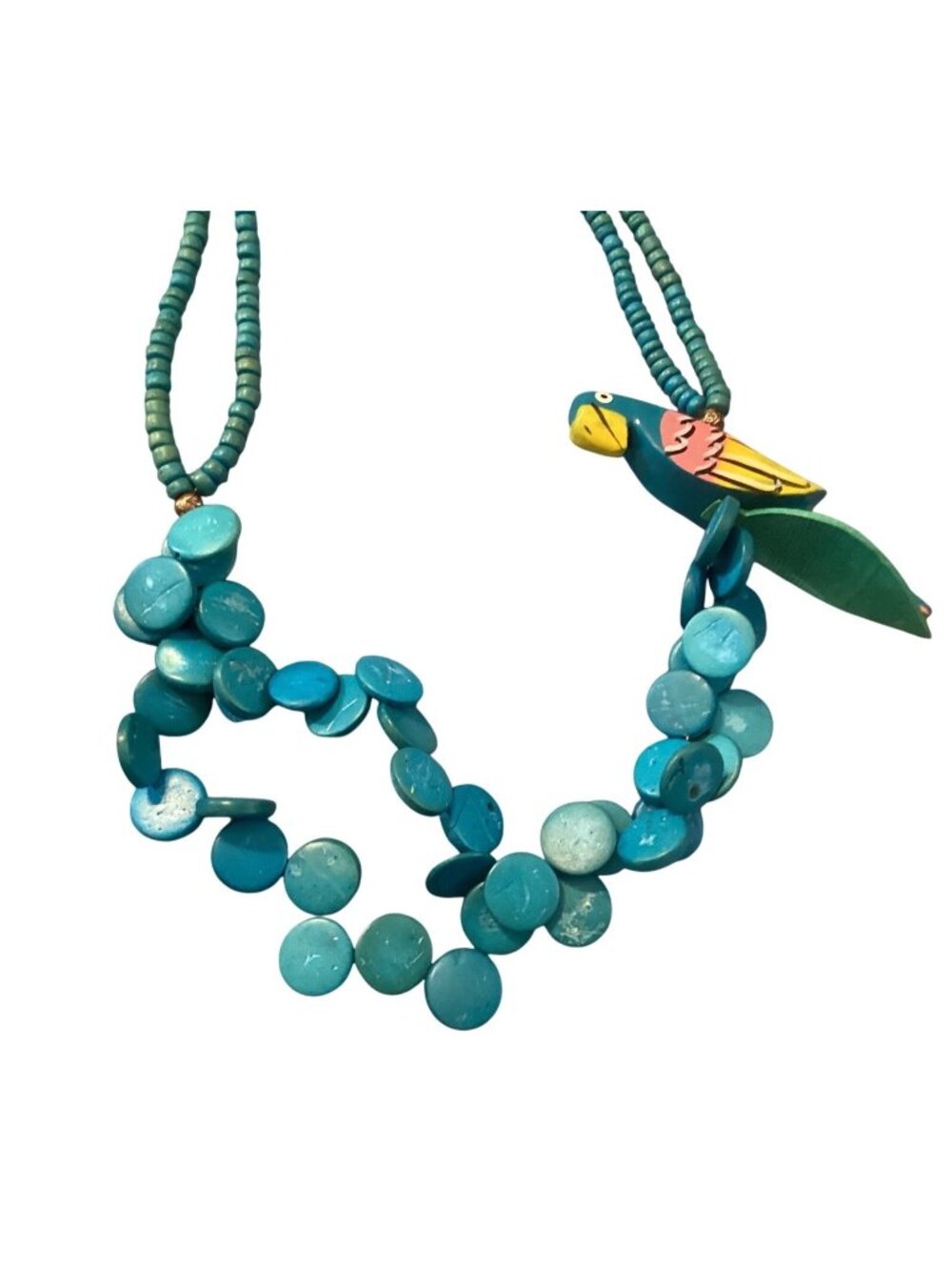 Vtg Turquoise Wood Button Necklace W/Colorful Hand-Painted Parrot Pendant 23" L